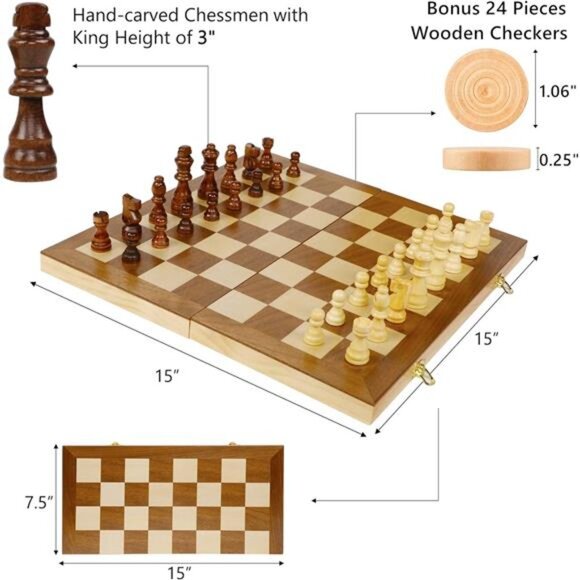 Wooden Chess & Checkers Set, 2 in 1 Board Games for Kids and Adults - Picture 6 of 8